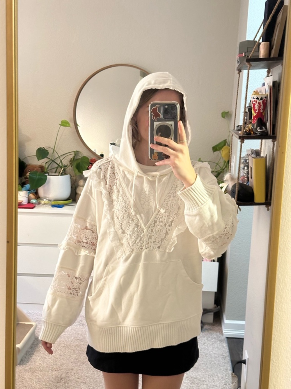 Ivory Lace-Trim Hoodie Sweatshirt - Women's Casual Pullover